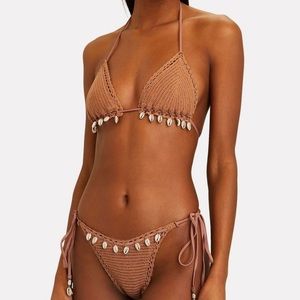 Zimmermann Cassia Brown Crochet Triangle Two Piece Cowrie Shells Bikini Swim Set